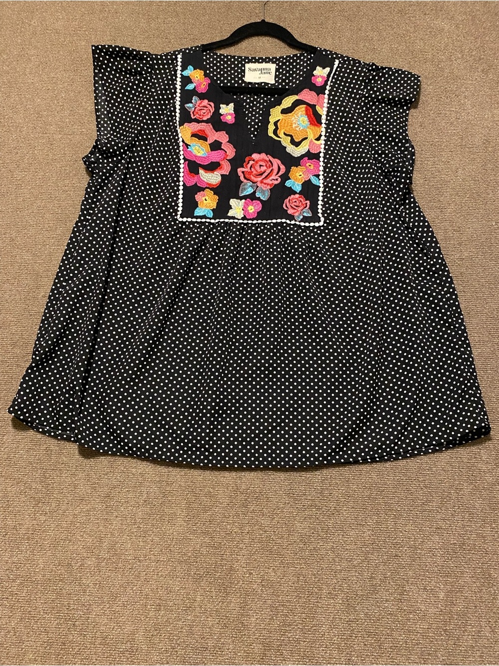Savanna Jane Boho Black White Polka Dot Embroidered Top Plus 1X